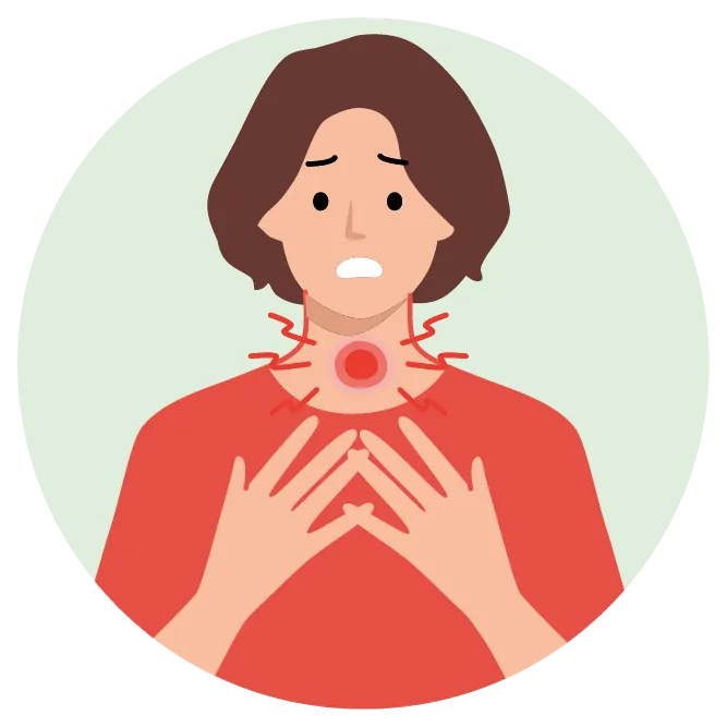 Illustration einer Frau mit Schmerzen bei den Schilddrüsen (Morbus Hashimoto), als mögliche Autoimmun-Erkrankung im Zusammenhang mit einer nichtsegmentalen Vitiligo.